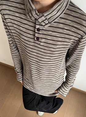 UNLG复古立领条纹长袖t恤男春秋季宽松慵懒风休闲简约打底衫上衣