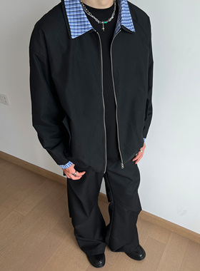 UNLG美式格子拼接cleanfit外套男秋季宽松休闲设计感小众高级夹克