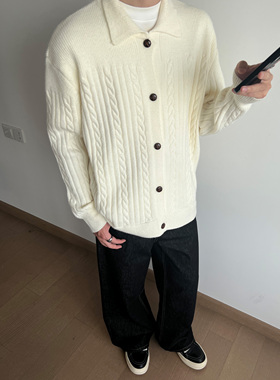 UNLG美式复古老钱风麻花毛衣开衫外套男秋季高级感休闲简约针织衫