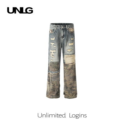 UNLG美式迷彩拼接假破洞牛仔裤