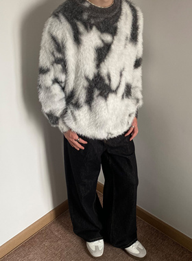 UNLG美式复古马海毛扎染毛衣男秋冬季设计感宽松休闲慵懒风针织衫