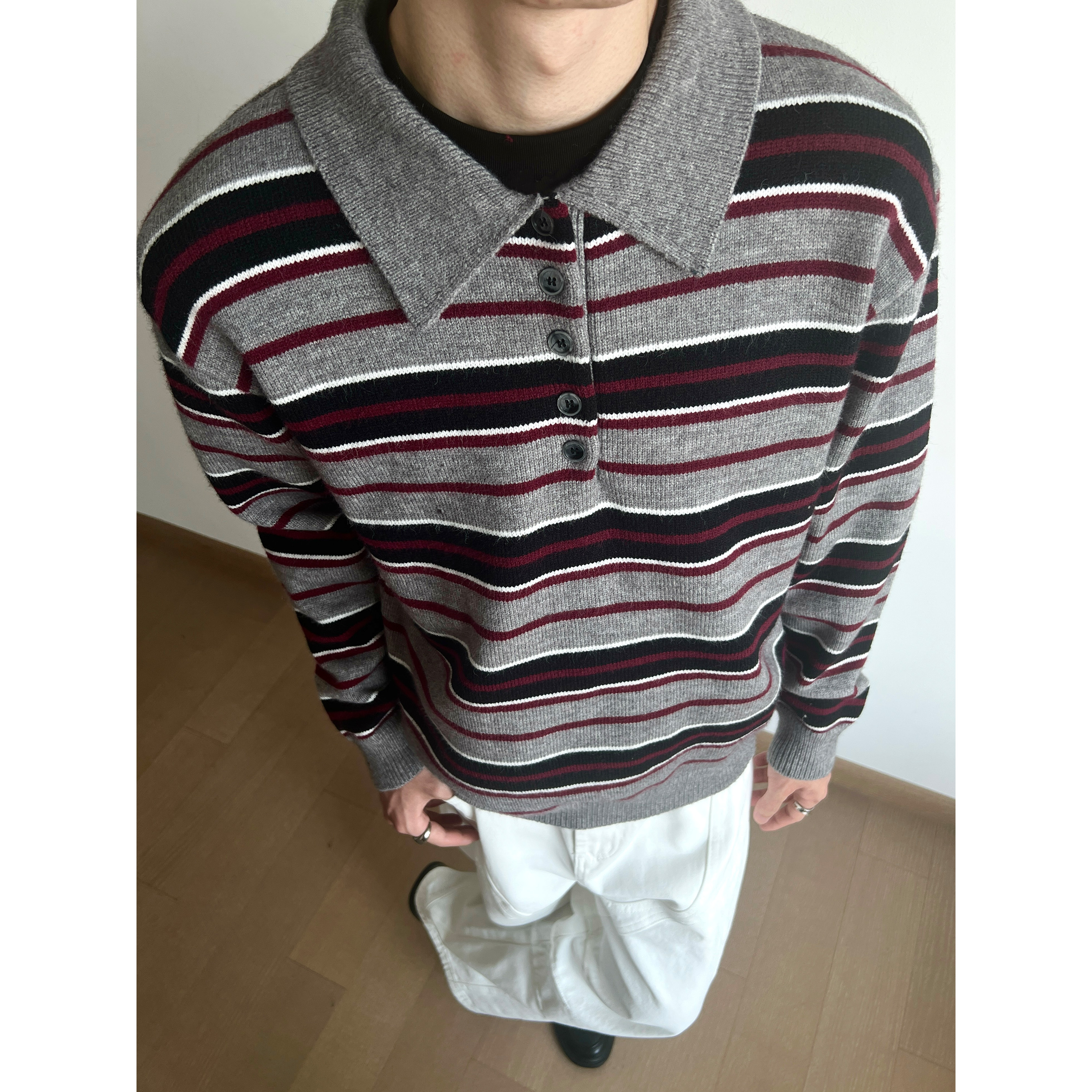 美式复古polo领针织衫条纹毛衣男
