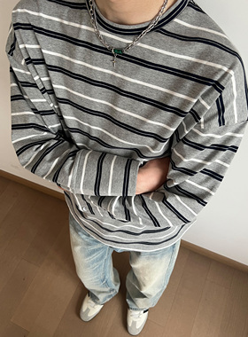 UNLG美式复古条纹长袖t恤男春秋季宽松设计感休闲简约上衣打底衫