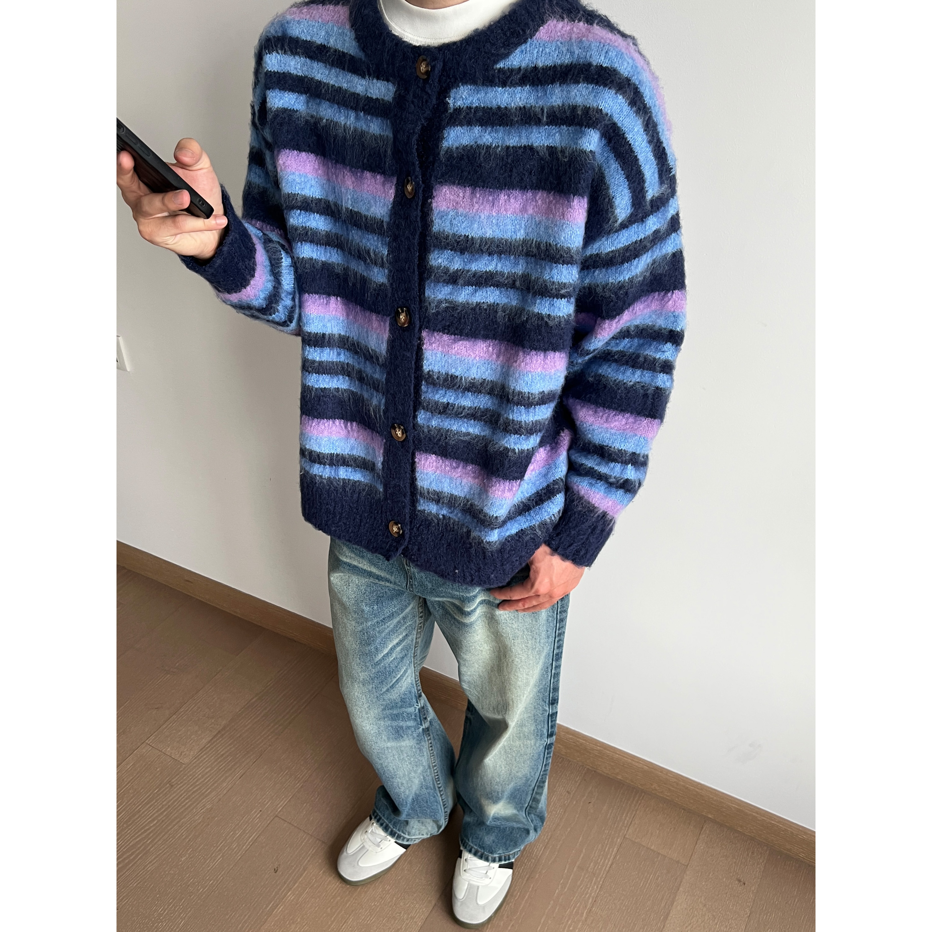 美式复古条纹毛衣开衫外套男