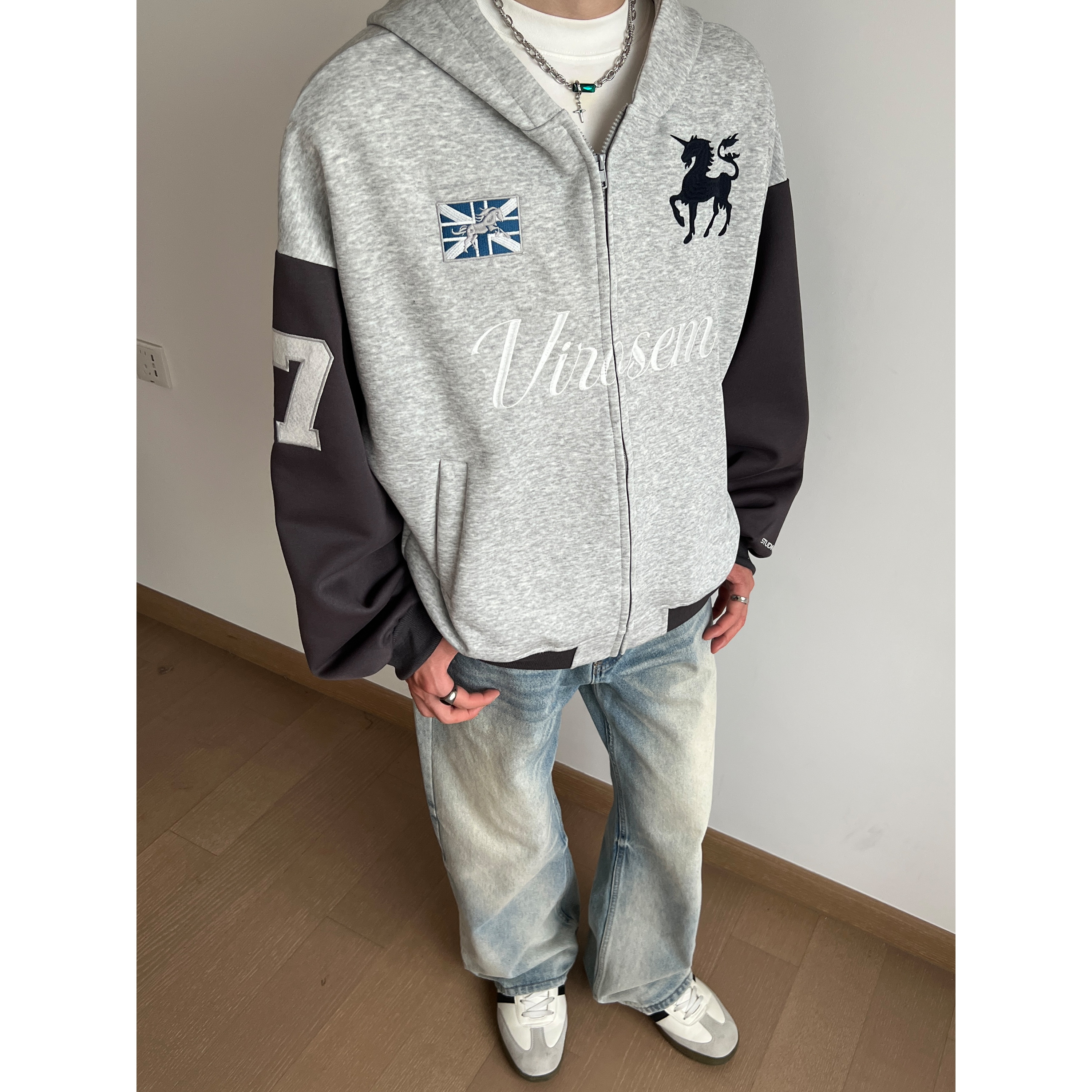 美式复古撞色刺绣连帽卫衣外套男