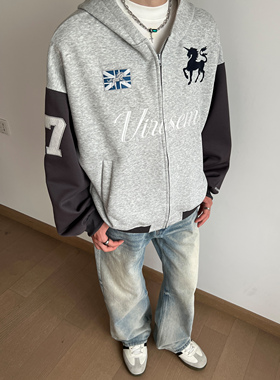 UNLG美式复古撞色刺绣连帽卫衣外套男秋季宽松设计感休闲夹克帽衫