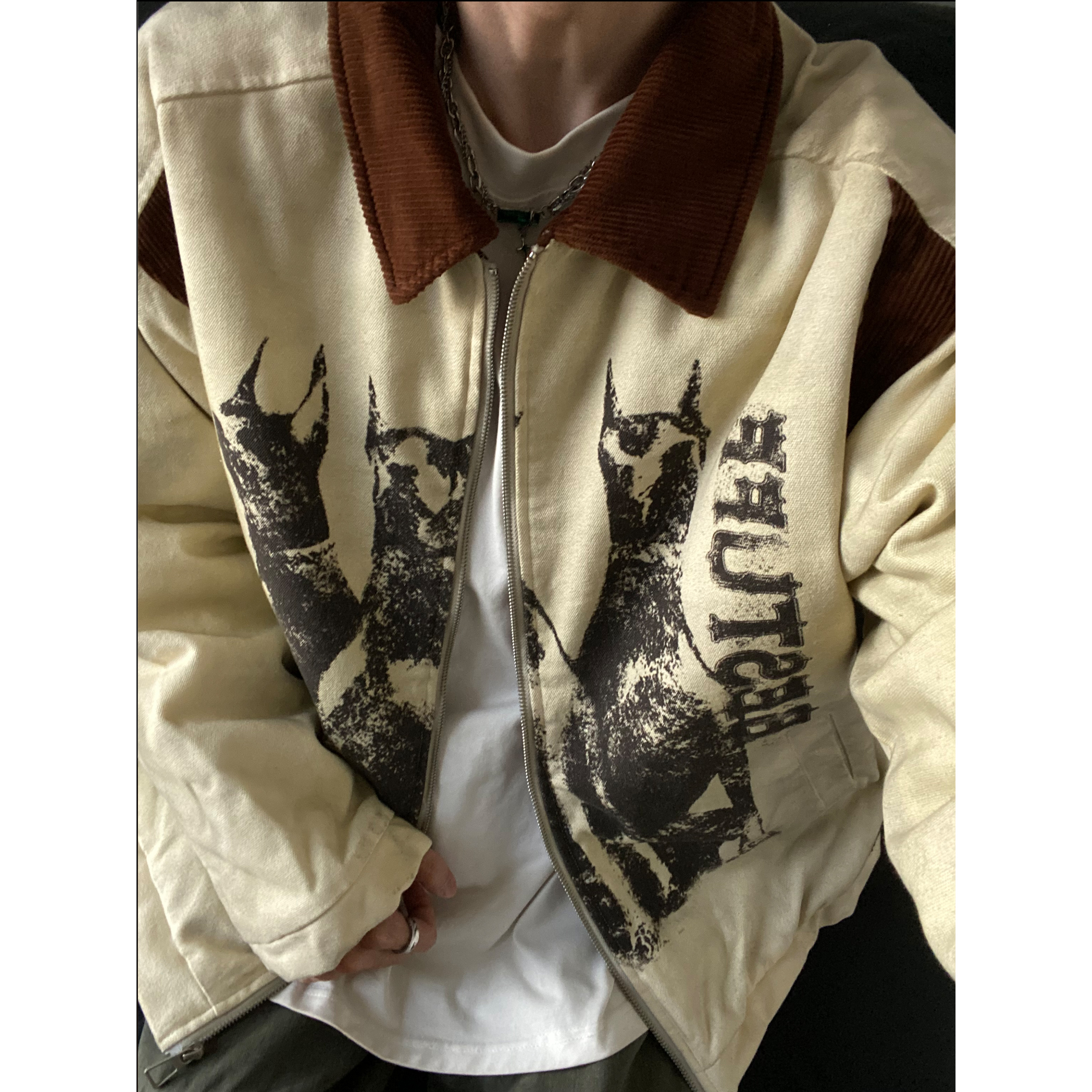 UNLG美式复古杜宾犬做旧翻领棉服