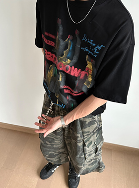 UNLG虚幻人像晕染字母短袖T恤男春夏季中性美式街头印花圆领上衣