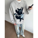 宽松休闲软糯慵懒针织衫 UNLG美式 复古猫咪提花polo领毛衣男秋冬季