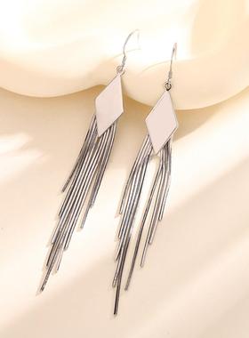 几何菱形长款流苏耳环精致个性女ins欧美夸张风方片链条耳坠耳钩