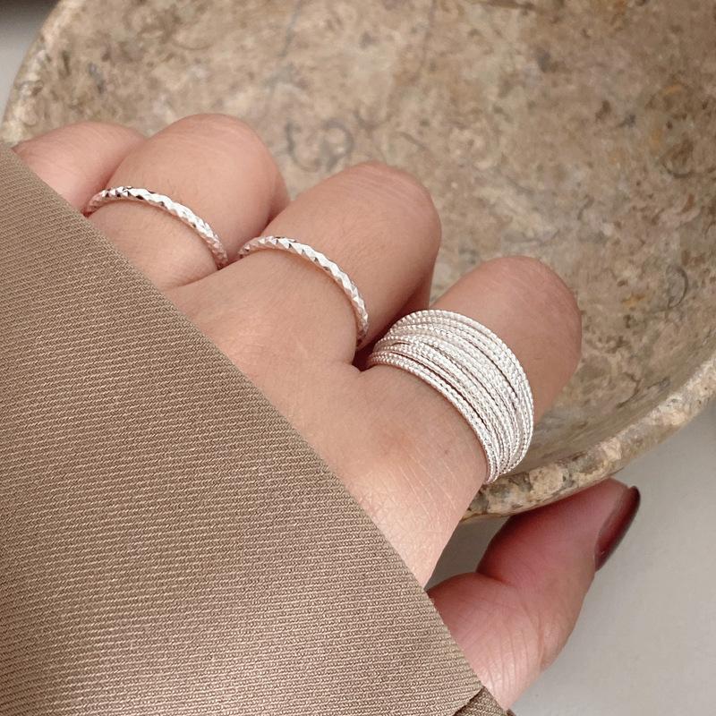 女细宽面银绳开口多层指环