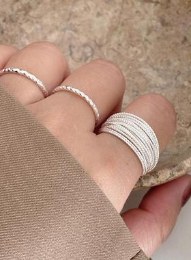 女细宽面银绳开口多层指环时髦闪ins韩版银车花纯925精致戒指线条