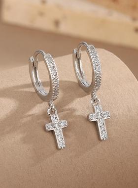 ins简约满钻十字架耳扣耳圈925纯银耳环欧美轻奢时尚耳饰品耳坠女