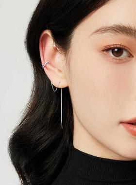 925银INS风时尚长款流苏耳饰品镀金色闪钻几何交叉耳骨夹耳线爆款