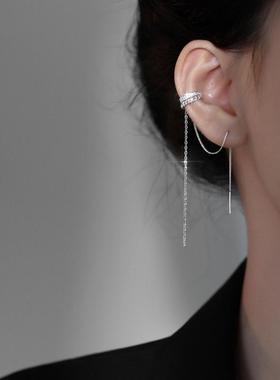 2025新款网红双层微镶锆石长款纯银流苏链条无耳洞耳骨夹耳环女潮