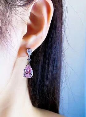 气质18k白金镶钻奢华水滴耳环时尚女精致闪钻莫桑钻石耳环爱心粉