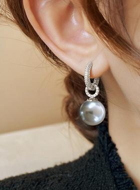 小众设计感灰色满钻锆石珍珠耳扣轻奢气质流苏珍珠贝珠时尚耳环女