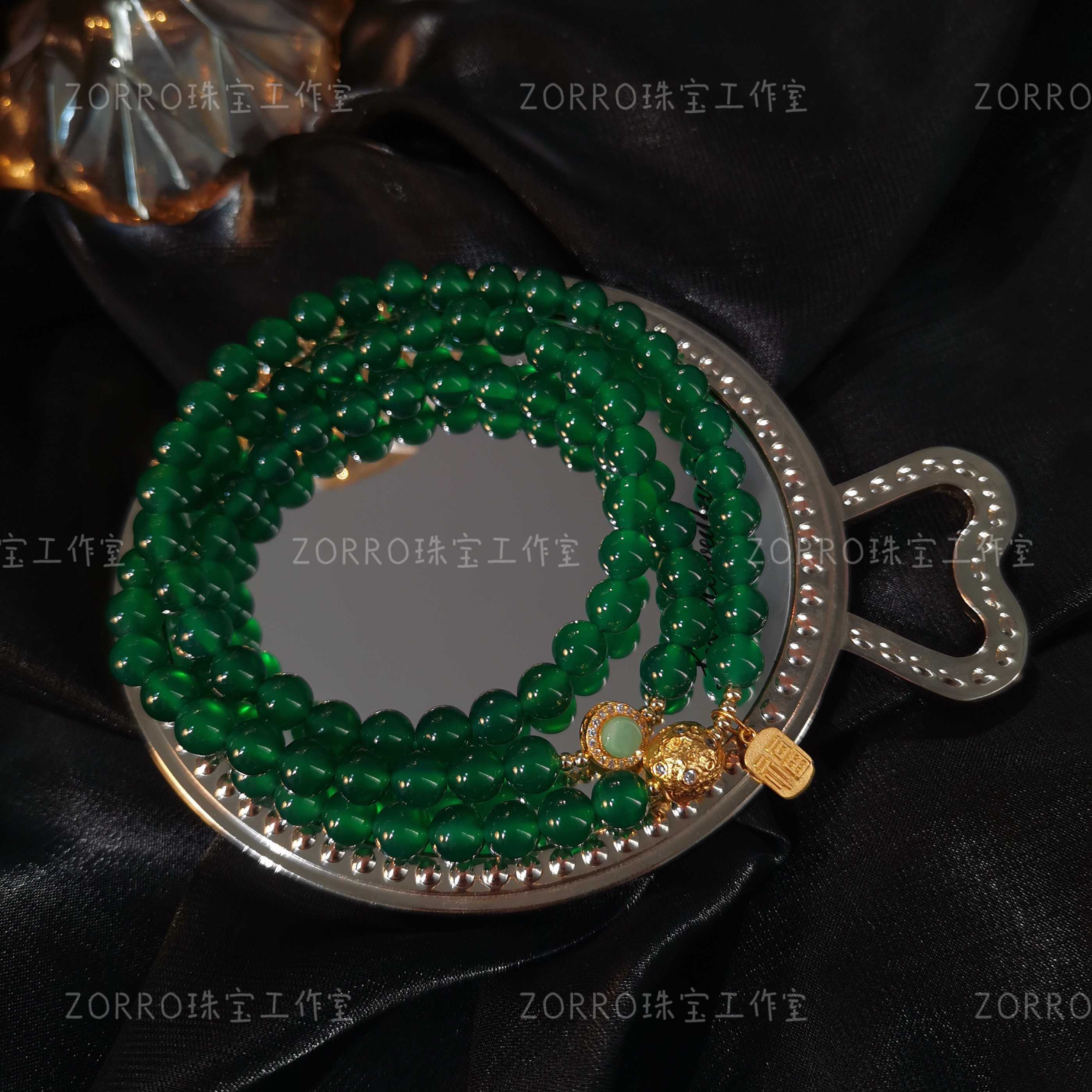 【原创】天然绿玛瑙手链三圈女款925银镀金珠子翡翠串珠多圈水晶