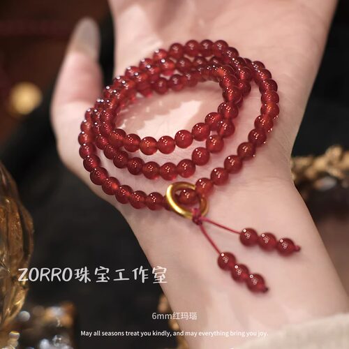 天然红玛瑙手链女三圈新年中国红