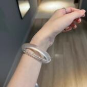 原创 高冰透白月光玛瑙玉髓手镯马料女香槟玉镯翡翠珠宝 天然正品