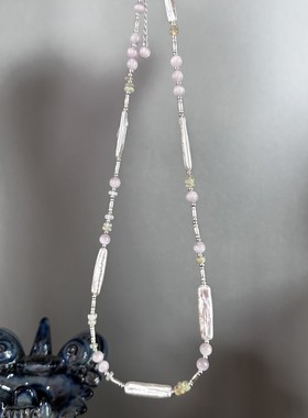 925纯银小银条巴洛克珍珠欧珀紫锂辉多宝项链法式锁骨链时尚首饰