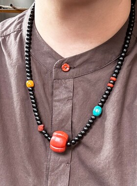 和田墨玉南红瓜珠绿松蜜蜡多宝原创设计手工毛衣颈项链首饰品