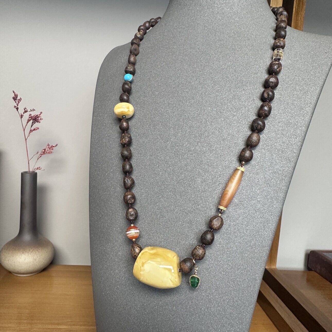 俄料天然琥珀黄蜜蜡桶珠沉香18K金镶缠丝玛瑙绿松翡翠项链颈饰品