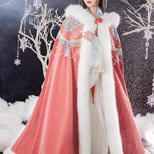 原创汉服女【煌月】冬季新款加绒保暖斗篷中国风刺绣毛领连帽外套