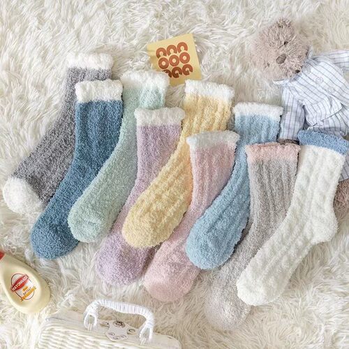 珊瑚绒袜子保暖加厚居家睡眠袜子秋冬季毛绒月子中筒袜地板袜