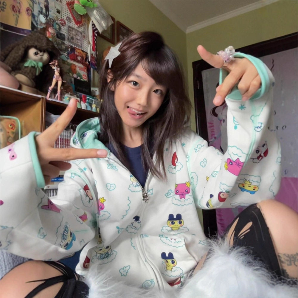 外贸款特大码薄款撞色卡通图案休闲风开衫运动卫衣宽松女款公主袖