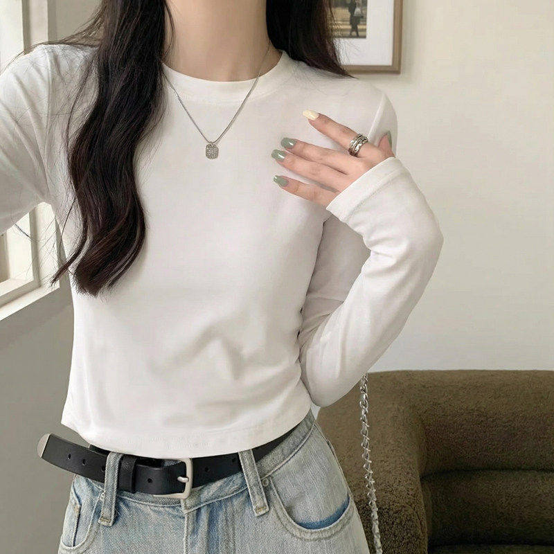 圆领长袖t恤女短款内搭2026新款春秋小个子甜辣小上衣正肩打底衫