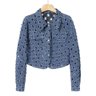 绍 西湖阁老 楚 春季 网面破洞方领牛仔蓝短外套丘 个性