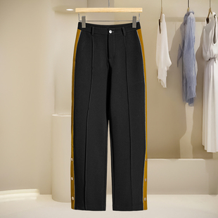 小众裤 西湖阁老 秀 春季 617 脚纽扣开叉侧拼撞色休闲直筒裤