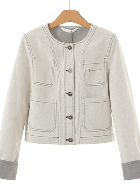 799西湖阁老【文】春装 休闲风圆领单排扣棉质短款牛仔外套108