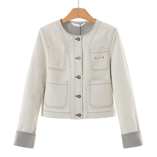 休闲风圆领单排扣棉质短款 春装 牛仔外套108 文 799西湖阁老