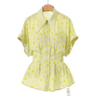 春装 399 46%粘纤 氐 012 系带收腰翻边坎肩波点蝙蝠衬衫