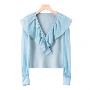 1099西湖阁老 轻奢春 瀑布荷叶边V领同色拼接针织衫 054 缇