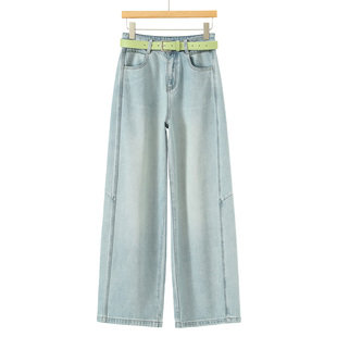 管西湖阁老 春装 复古水洗分割线撞色腰带纯棉牛仔弯刀裤 080 申