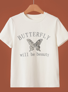 269西湖阁老【兰】春装 亮片蝴蝶字母印花亲肤短袖T恤020