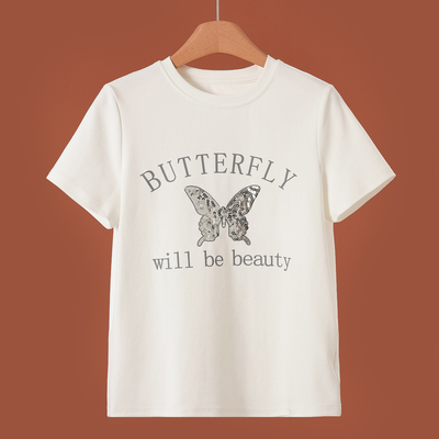 269西湖阁老【兰】春装 亮片蝴蝶字母印花亲肤短袖T恤020