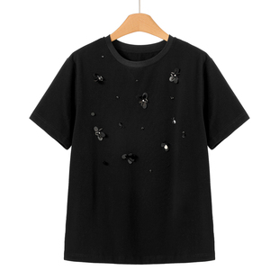 饰落肩短袖 469 T恤006 珠片立体装 春装 18%莱赛尔纤维