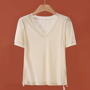 夏装 栖 侧抽绳收腰V领带垫肩冰丝T恤859弜 100粘纤 489