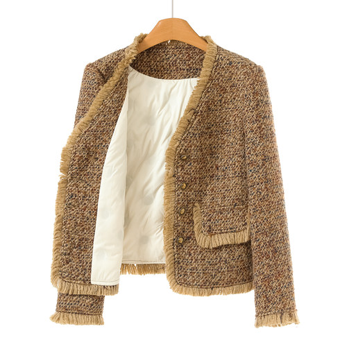 西湖阁老【俪】冬装 V领毛条流苏粗花呢羊毛小香风羽绒服323