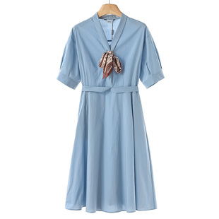 V领配丝巾可通勤棉质A字版 夏装 连衣裙051弜 熠 过西湖阁老639