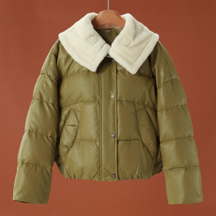 仿羊羔毛翻领松紧防风袖 冬装 PU皮羽绒服551 芊 西湖阁老