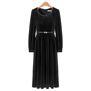 串珠方领过膝大摆丝绒连衣裙216 冬装 899西湖阁老 栖