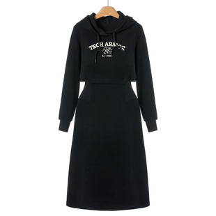 连帽带抽绳镂空罗纹拼接含棉连衣裙110 冬装 999西湖阁老 桑S