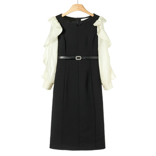 春季 899 84%粘胶纤维 熠 气质淑女连衣裙020 花边拼接袖