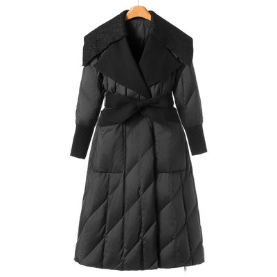 2180 鹅绒服【鸿】冬装 针织拼接翻领系腰带大摆羽绒服061