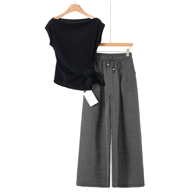 管1298 45%莱赛尔【卓】夏装 绑带掐腰上衣+松紧腰阔腿裤套装671